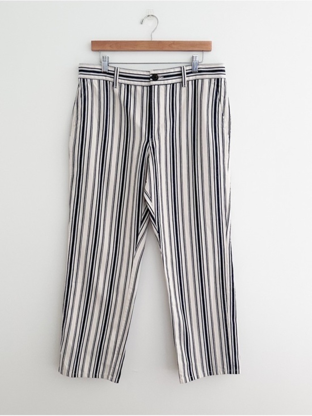 NWT Madewell Stripe Trouser Jean Navy Cream Patch Pockets Linen Blend Pant - 30